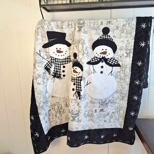 Snowman Winter Throw Blanket Black White Hand Stitching Very Good Condition 3x4